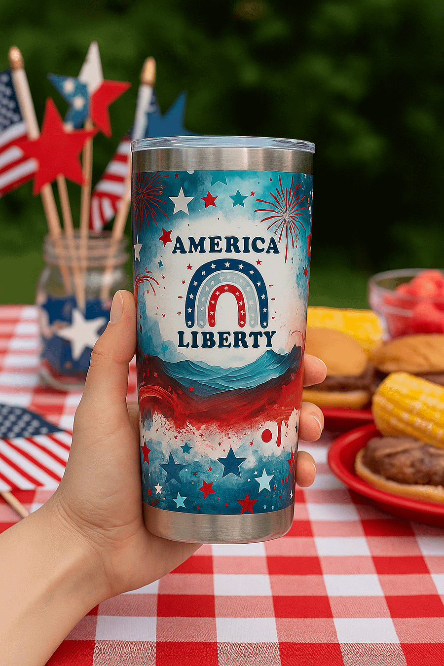 Patriotic Liberty Tumbler Wrap PNG | 20oz America Sublimation Design | Red White Blue Fireworks | 4th of July Digital Download product image (3)