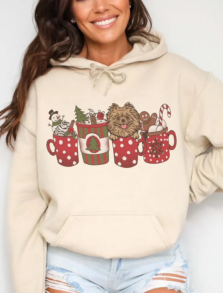 Cute Pomeranian in a Christmas Cup Hooded Sweatshirt | Funny Christmas Pup in a Cup product image (16)