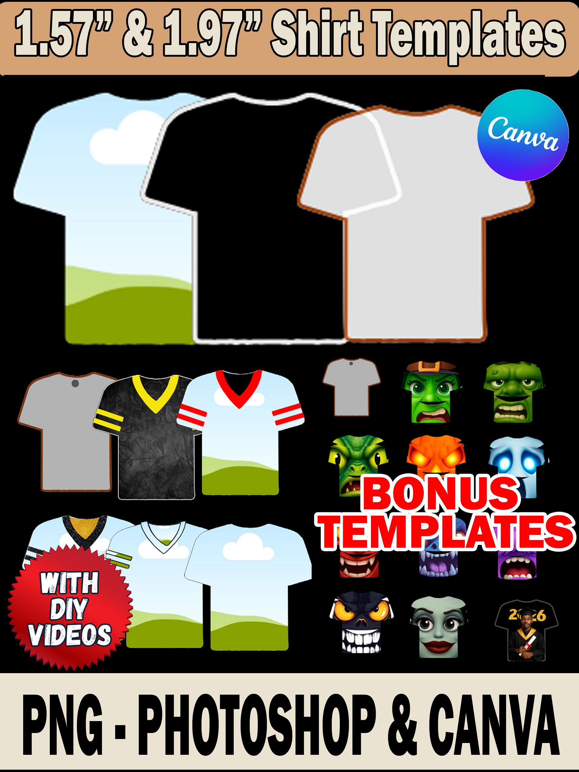 1.5 and 1.97 inch MDF Sublimation Shirt Templates - Editable in Canva - PSD and PNG Files - DIY Videos Included product image (1)