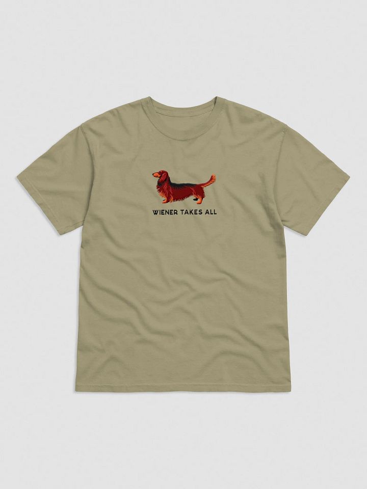 Wiener Takes All T-Shirt(Embroidered) of a Longhaired Dachshund(Red & Tan) product image (3)