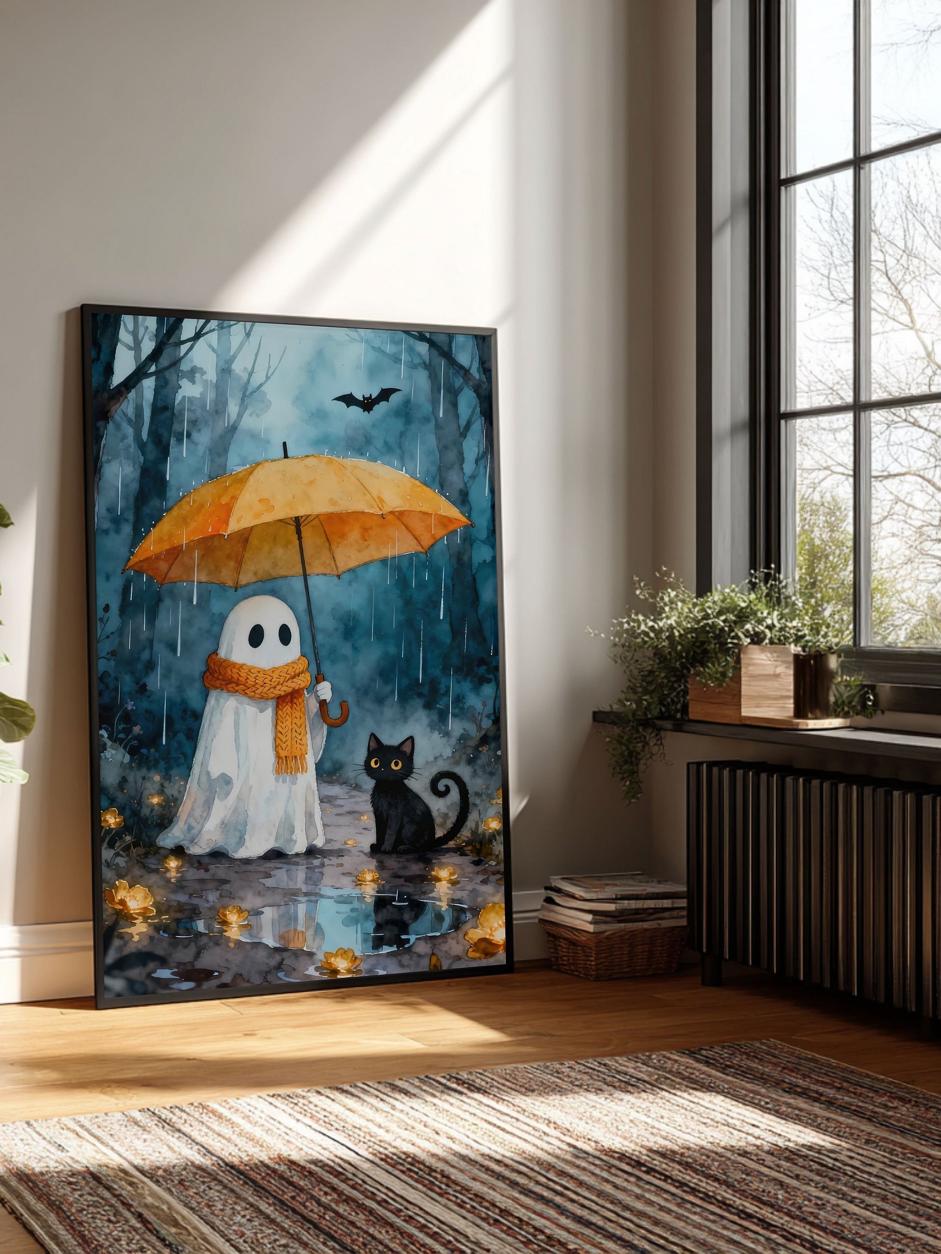 Watercolor Ghost & Black Cat Wall Art | Rainy Forest Umbrella Illustration | Printable Digital Art in Multiple Sizes product image (3)