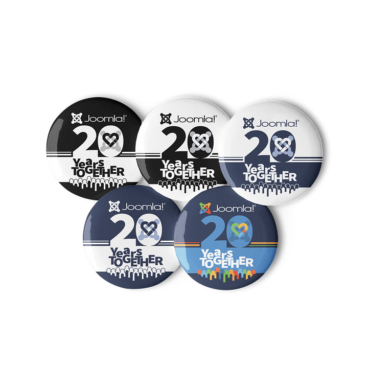 Joomla! 20th Anniversary Edition<br /> — Set of Pin Buttons — <br />1.25″ (31.25 mm) product image (1)