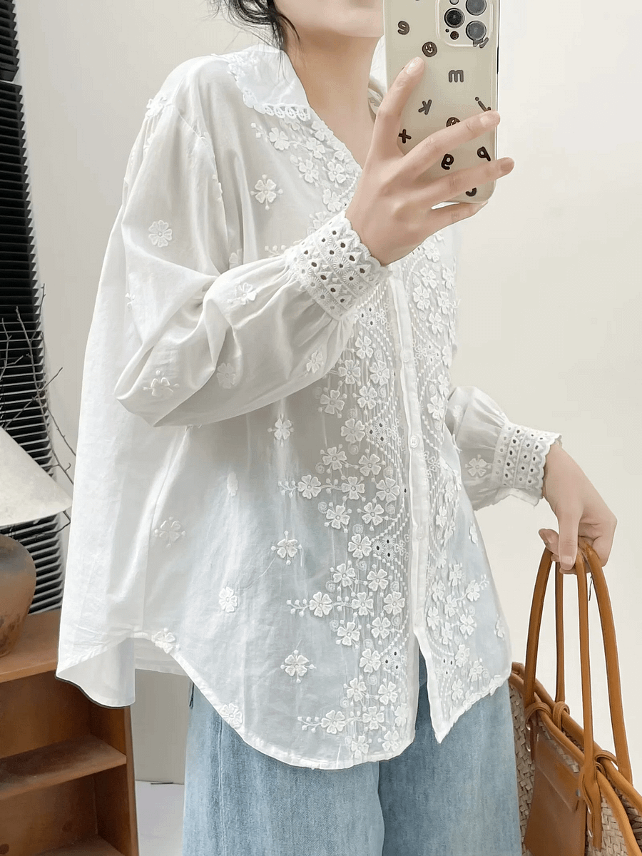 Three-dimensional Flower Embroidered Lapel Single-breasted Long Sleeve Shirt For Women product image (11)