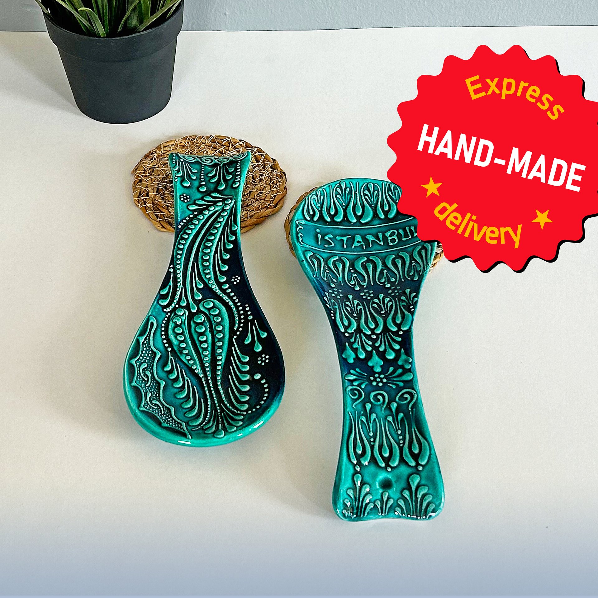 Ceramic turquoise spoon rest — handmade pottery, handmade ceramic, home decor, handmade gift, Turkish ceramic product image (1)