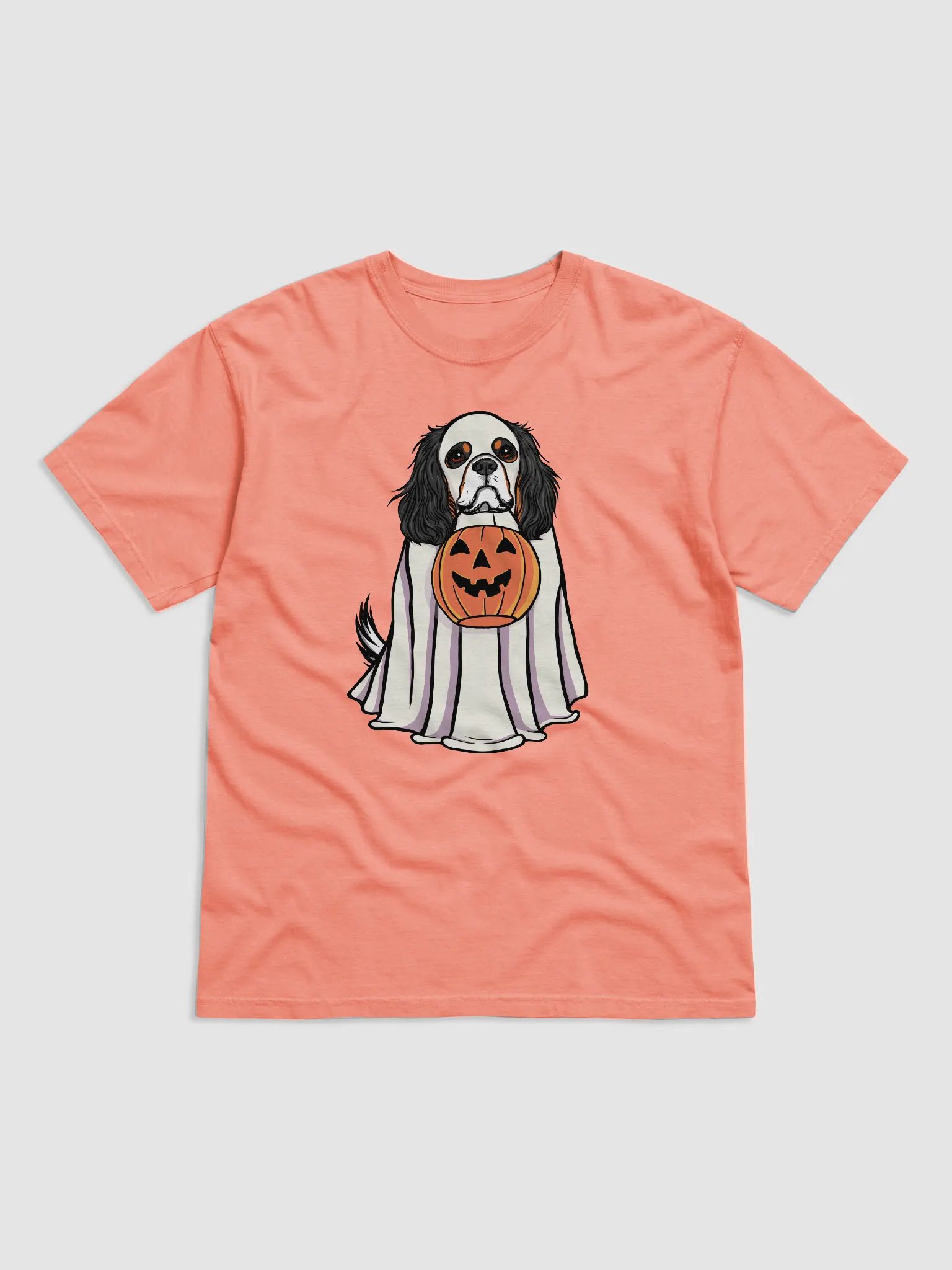 Funny Halloween Cavalier King Charles Spaniel(Tricolor) T-Shirt | Funny Cavalier Wearing a Ghost Costume and Holding a Pumpkin Basket product image (18)