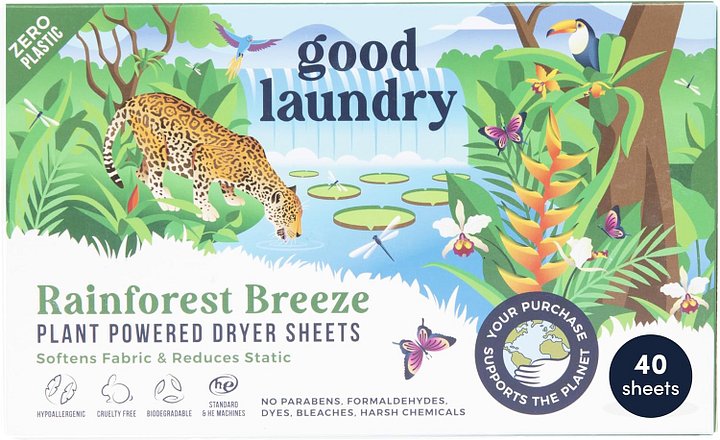 Rainforest Breeze Scented Dryer Sheets, Reduce Static, Infused with Essential Oils, No Harsh Chemicals, Biodegradable, Hypoallergenic, No Plastic product image (1)