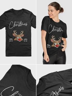 Celebrate the festive season in style with our new Christmas-themed T-shirt! 🎄✨ Featuring a cute reindeer design and the classic holiday greeting 