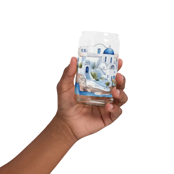 Santorini Dreaming Glass Can Tumbler | 16oz | Greek-Inspired Beverage Glass with Bamboo Lid & Straw product image (2)