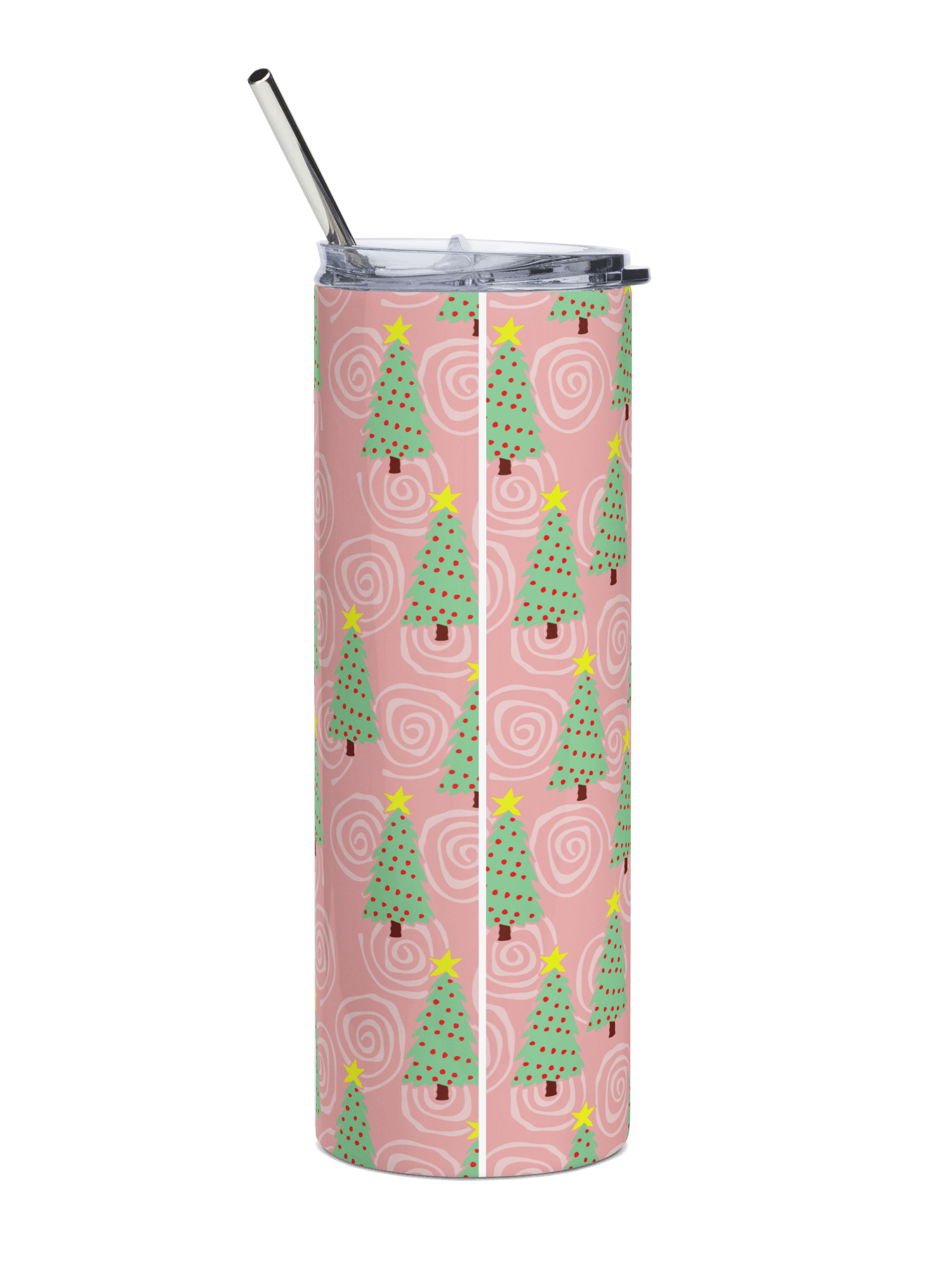 Green Christmas Trees on Pink Spirals Stainless Steel Tumbler with Straw product image (12)