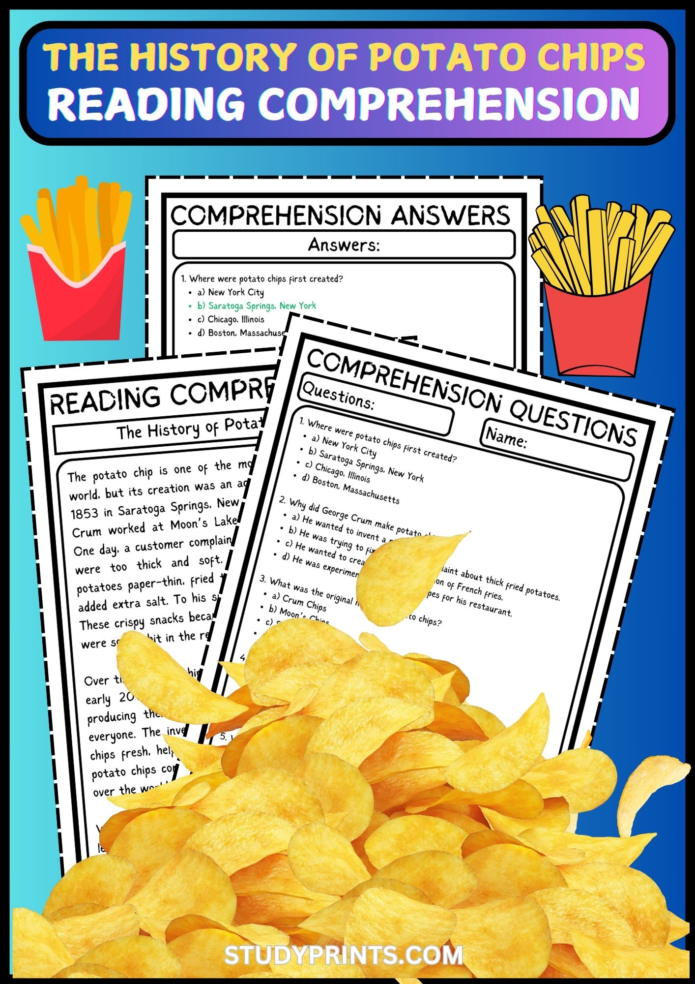 History of Potato Chips READING COMPREHENSION WITH 5 QUESTIONS PDF WORKSHEET product image (1)