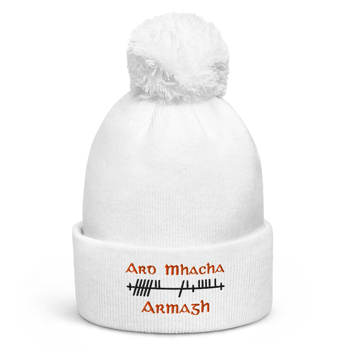 Armagh/Ard Mhacha Orthodox Style Ogham, white with black and tangerine, Pom-Pom Beanie product image (1)