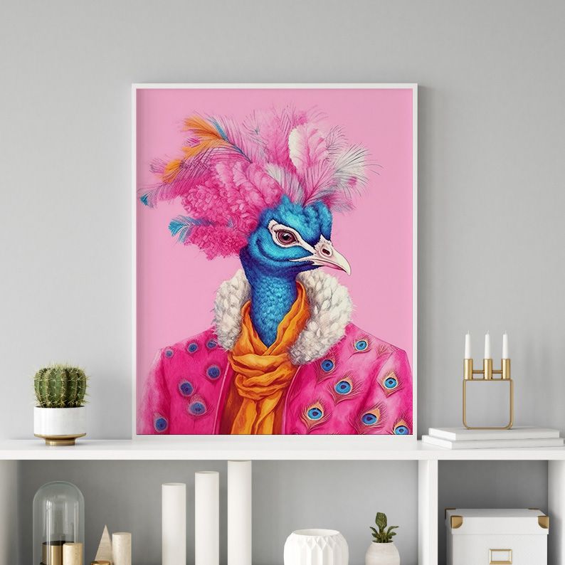 Anthropomorphic Peacock in Pink Coat Animal Portrait product image (12)
