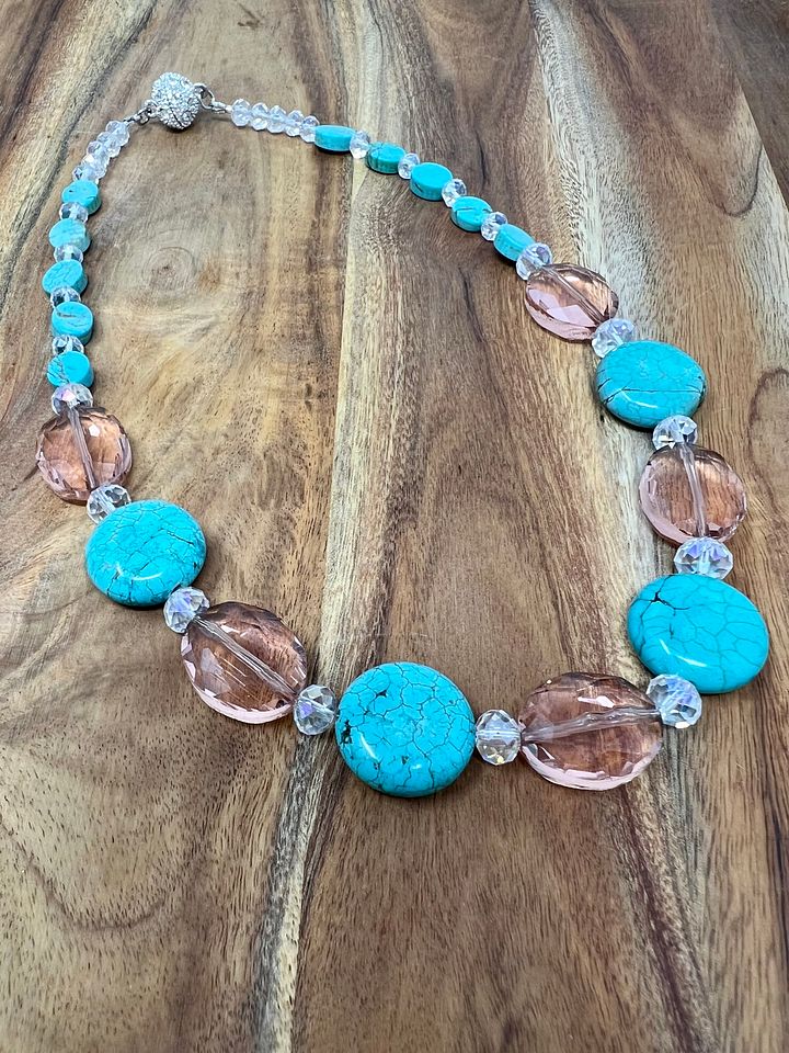 Handmade Necklace (Turquoise, Pink and AB Crystals) product image (1)