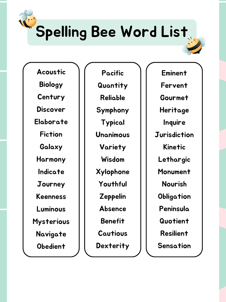 Spelling Bee Word List - Cute and Educational Printable product image (1)