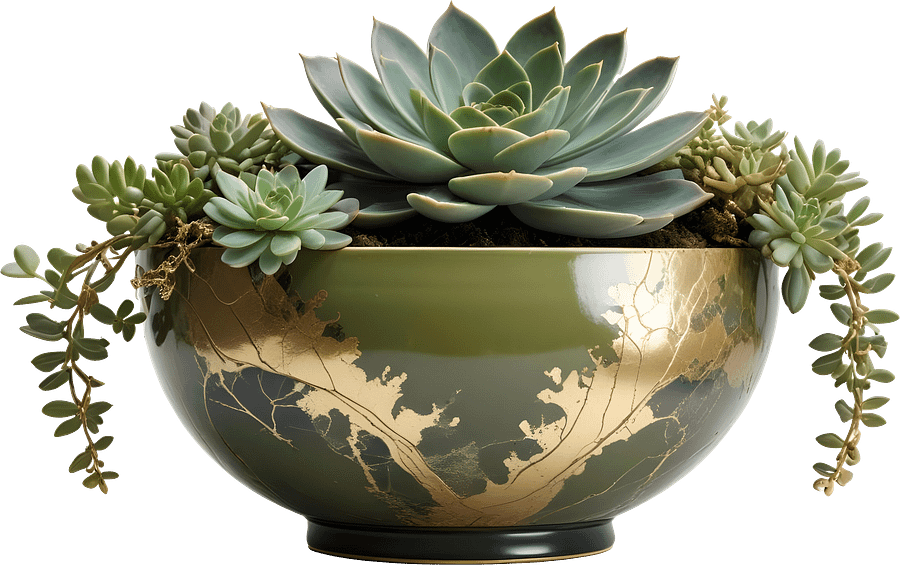 Kintsugi Harmony – Olive Green Planter with Succulents PNG product image (1)