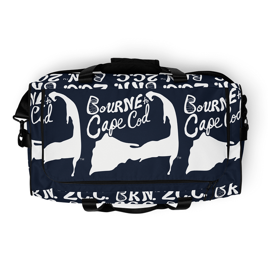 BOURNE to Cape Cod™ | Duffle Bag | BRN.2C.C.™ | Coastal Gym & Travel Gear | 22" All-Over Print Weekender | White Logos on Navy Blue product image (8)