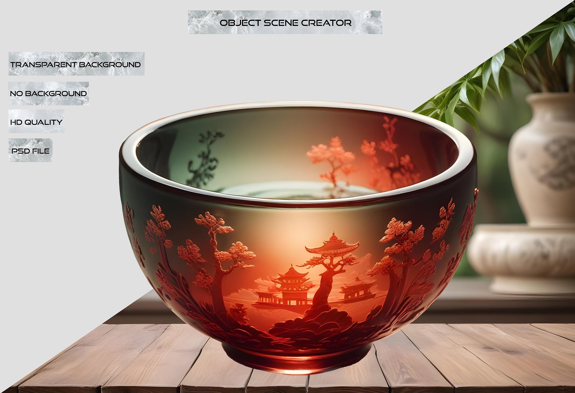 Chinese Art – Glass Bowl with Traditional Asian Decor PNG product image (2)