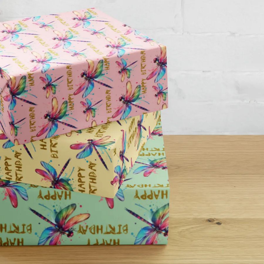 Happy Birthday Dragonflies Gift Wrapping Paper 3 Sheet Set #1 product image (2)