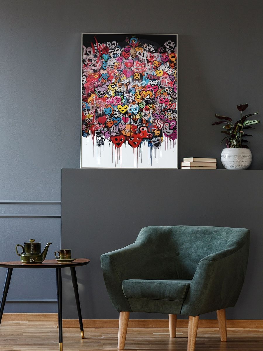 Eclectic Pop Art Hearts Graffiti Canvas, Emotive Urban Street Art Print, Contemporary Wall Art for Modern Home, Love Themed Artistic Decor product image (2)