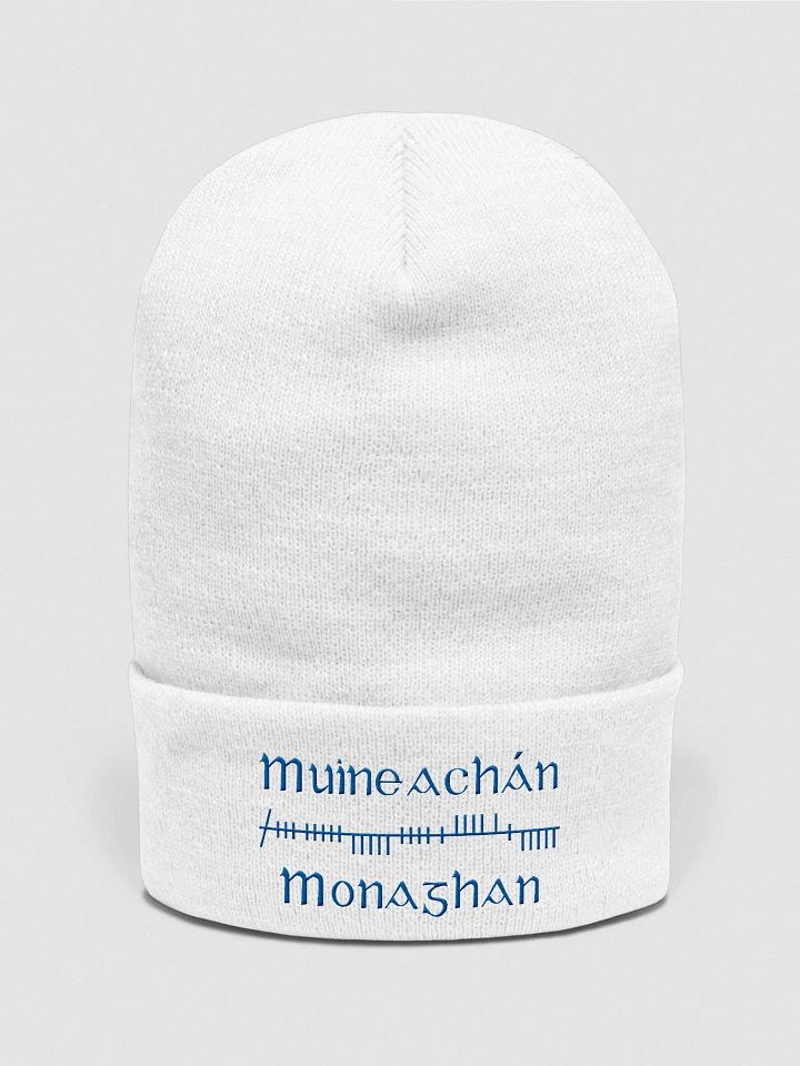 Monaghan/Muineachán Orthodox style Ogham, white with blue, embroidered Cuffed Beanie product image (1)