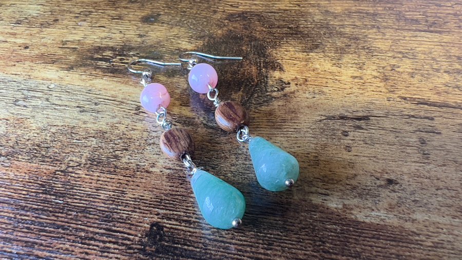 Earrings - Pink Agate, Wood Beads, Aventurine Teardrops - Hand-made by JB product image (1)