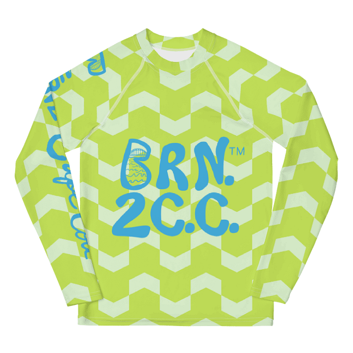 YOUTH | Rash Guard | BRN.2C.C.™ Front Graphic | BOURNE to Cape Cod™ Sleeve & Back Logo | Coastal Swim Shirt for Kids | UV Protection Activewear | Blue Logo | Citrine Green Abstract product image (1)