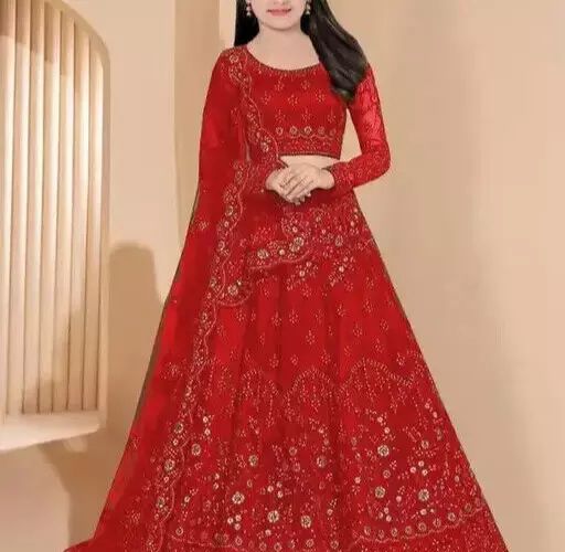Indian Traditional Net Embroidered Lehenga Choli Set For Girls - Red product image (1)