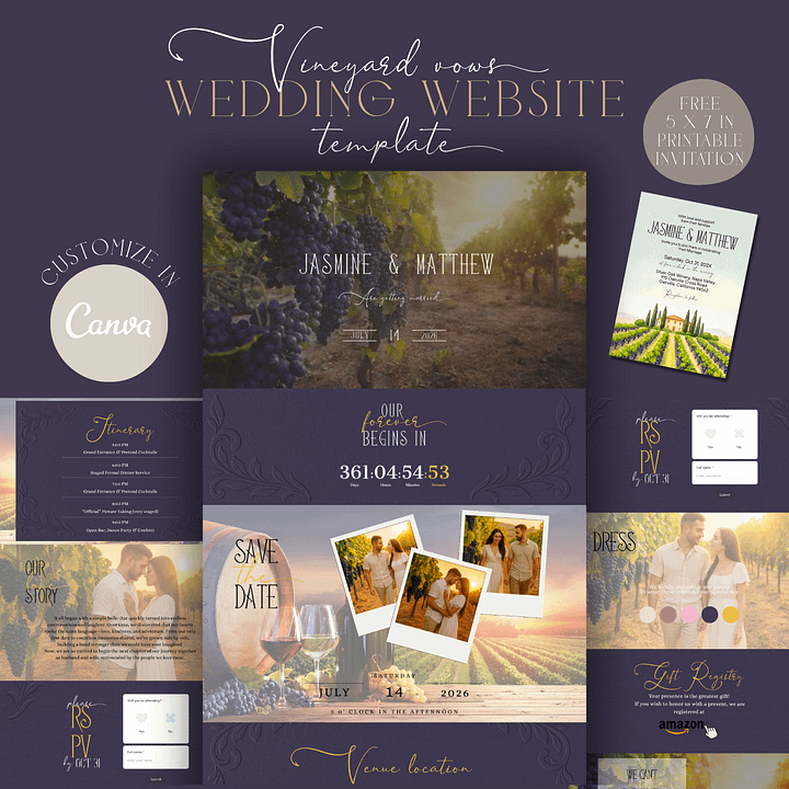 Vineyard Vows Wedding Website Template | Elegant Winery Theme | Editable Canva Template | Rustic Wine Wedding Website | RSVP Included product image (1)