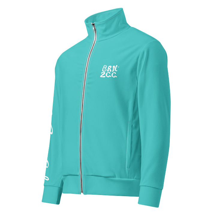 All-Over Print Recycled Track Jacket | Coastal Chill Meets Street Thrill | BOURNE to Cape Cod™ + BRN.2C.C.™ | Navy Blue Logos on Dark Turquoise product image (1)