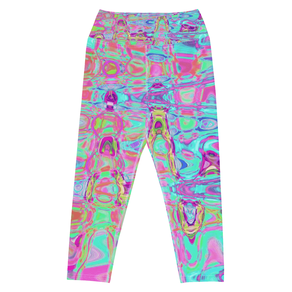 Cosmic Abstract Aqua and Hot Pink Retro Ripples Capri Yoga Leggings product image (7)