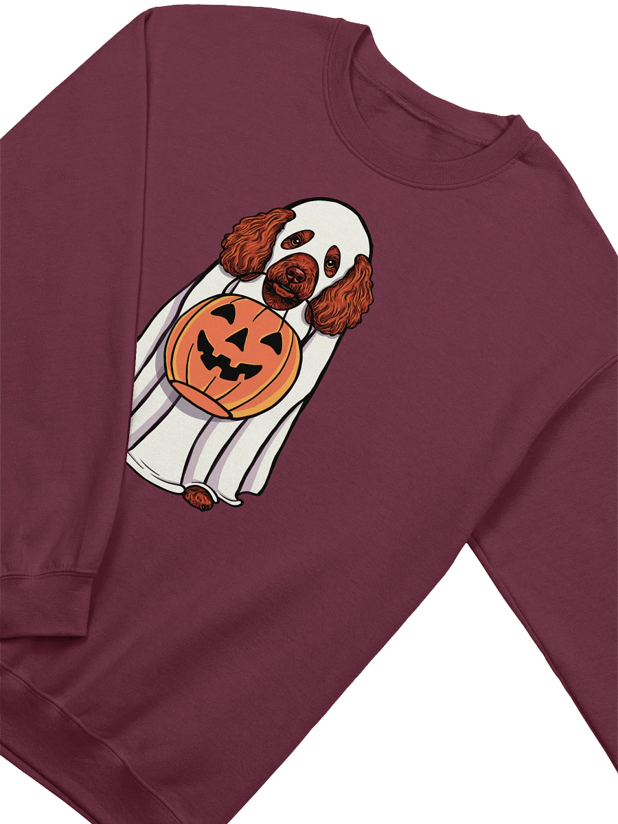 Funny Halloween Mini Poodle(Red) Sweatshirt | Funny Poodle Wearing a Ghost Costume and Holding a Pumpkin Basket product image (13)
