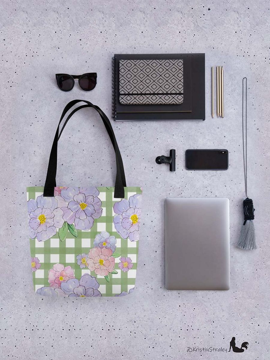 Gingham Blossoms - Lg Lavender Flowers on Green Gingham product image (4)