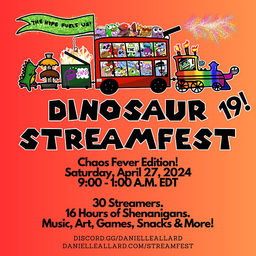 My 19th community #stream #festival, Dinosaur Streamfest, is happening NOW! Join me for a day of #music #art #games #making &...