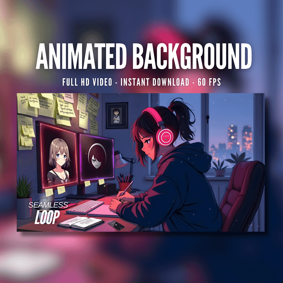 Animated Background | Girl Studying at Night with Pink Headphones | Relaxing Lofi Atmosphere | Perfect for Streaming & Live Wallpapers | AB182 product image (1)