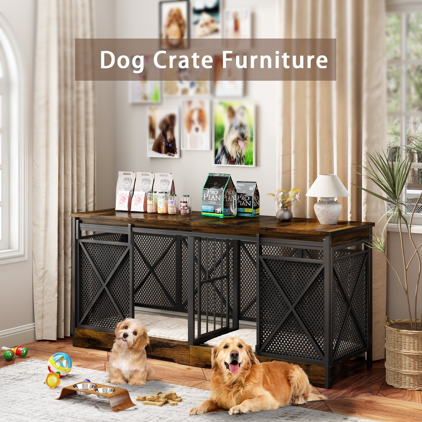 78 Inch Double Dog Crate Furniture, Extra Large Dog Kennel Indoor for Medium Large 2 Dogs, Heavy Duty Dog Cage Chew-Resistant Steel and Wooden Pet House with Removable Divider (Brown) product image (7)
