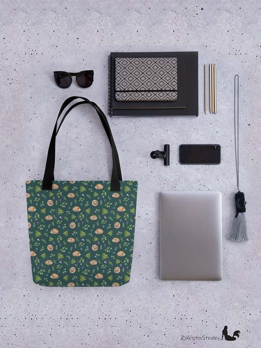 Hedgehogs with Ferns and Mushrooms on Dark Teal Tote Bag product image (4)