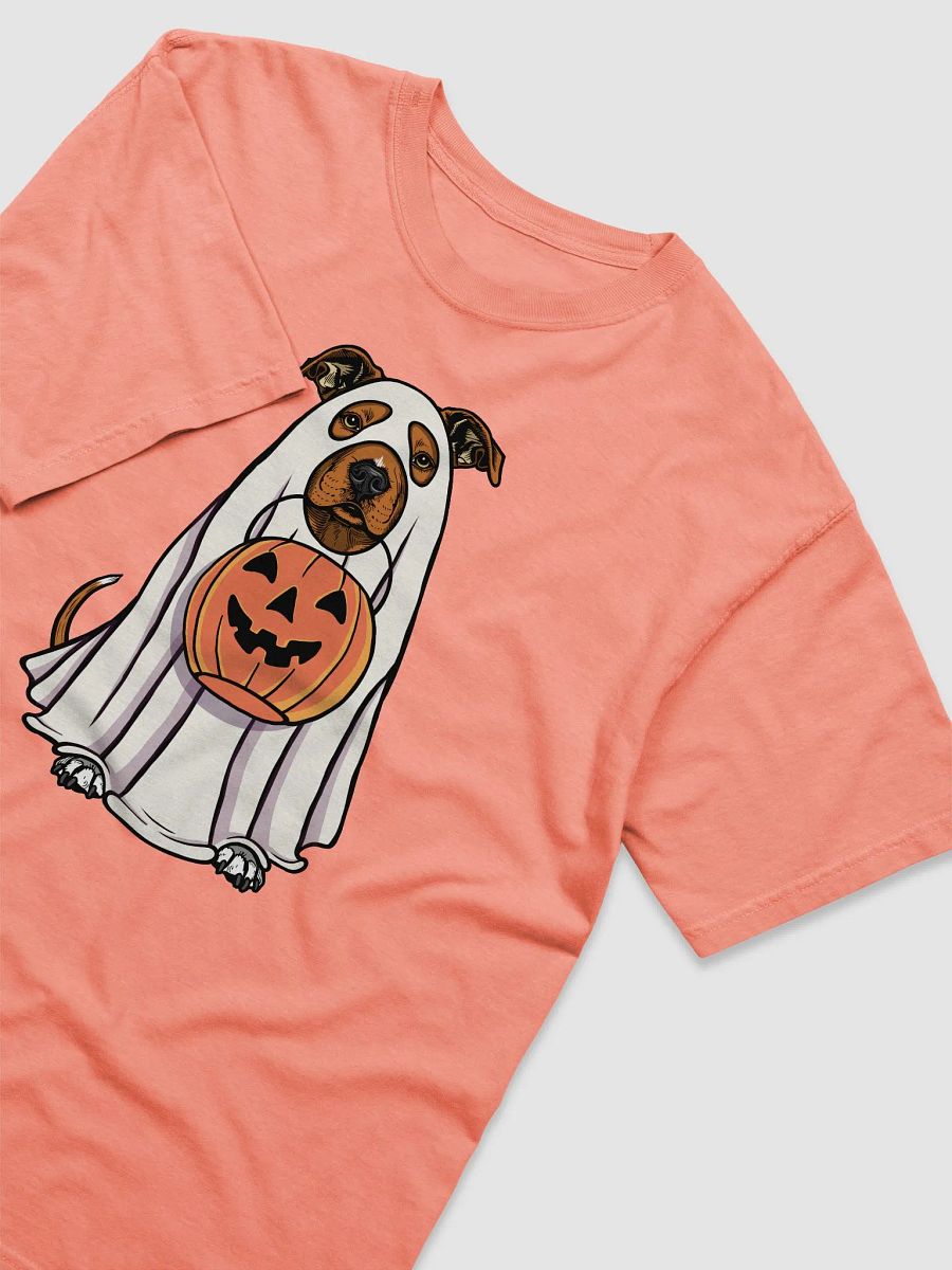 Funny Halloween Pitbull Terrier(Red) T-Shirt | Funny Pittie Wearing a Ghost Costume and Holding a Pumpkin Basket product image (24)