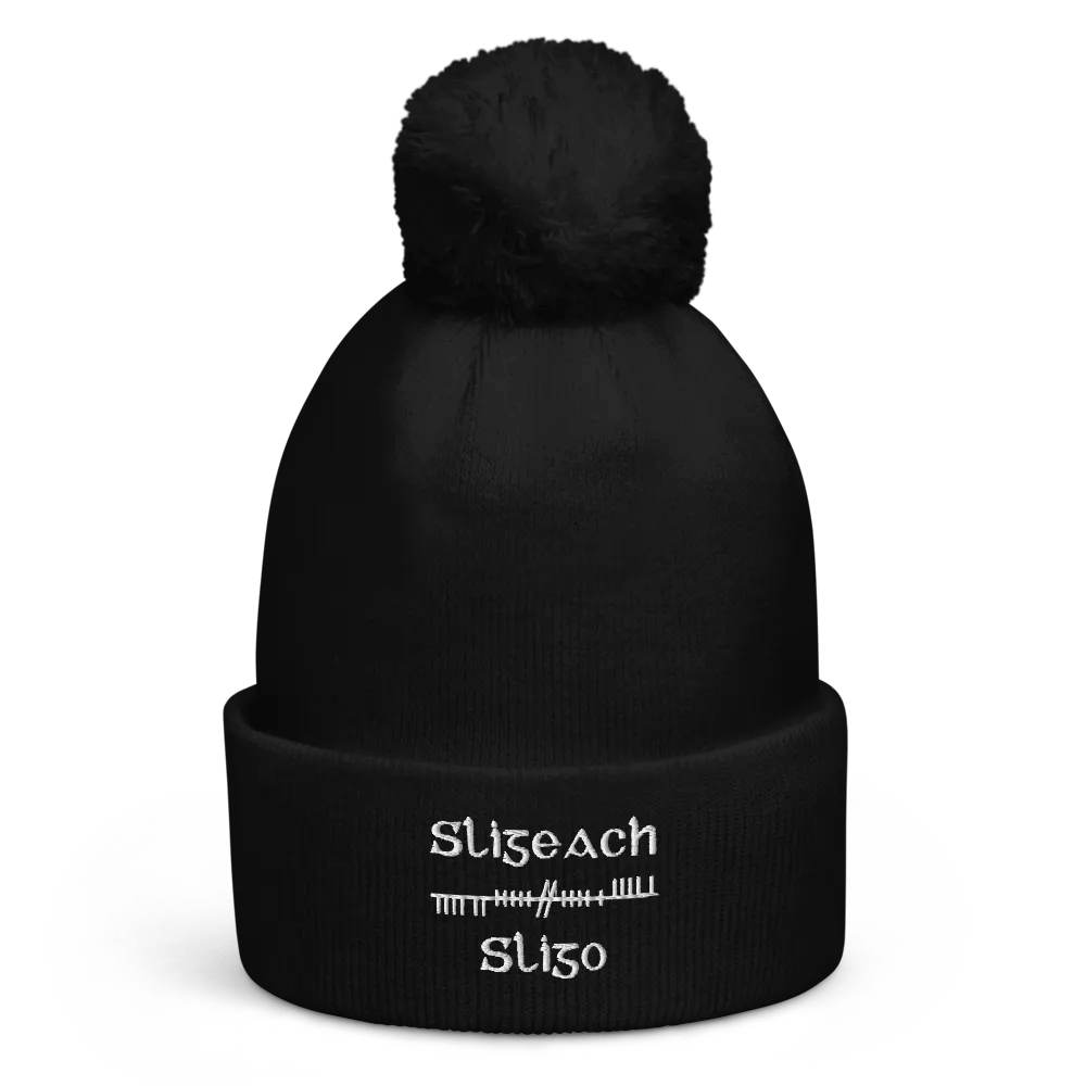 Sligo/Sligeach Orthodox style Ogham, black with white, embroidered Pom-Pom Beanie product image (1)