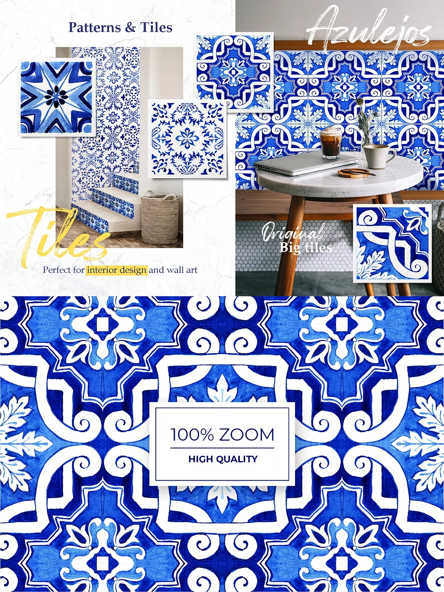 Portuguese Azulejos Tiles & Patterns Watercolor Clipart and Seamless Patterns BUNDLE product image (9)