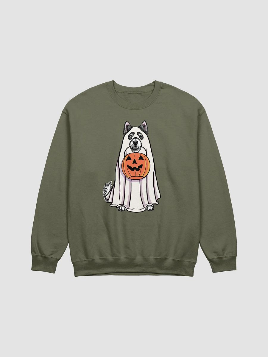 Funny Halloween Alaskan Malamute(Black) Sweatshirt | Funny Dog Wearing a Ghost Costume and Holding a Pumpkin Basket product image (13)