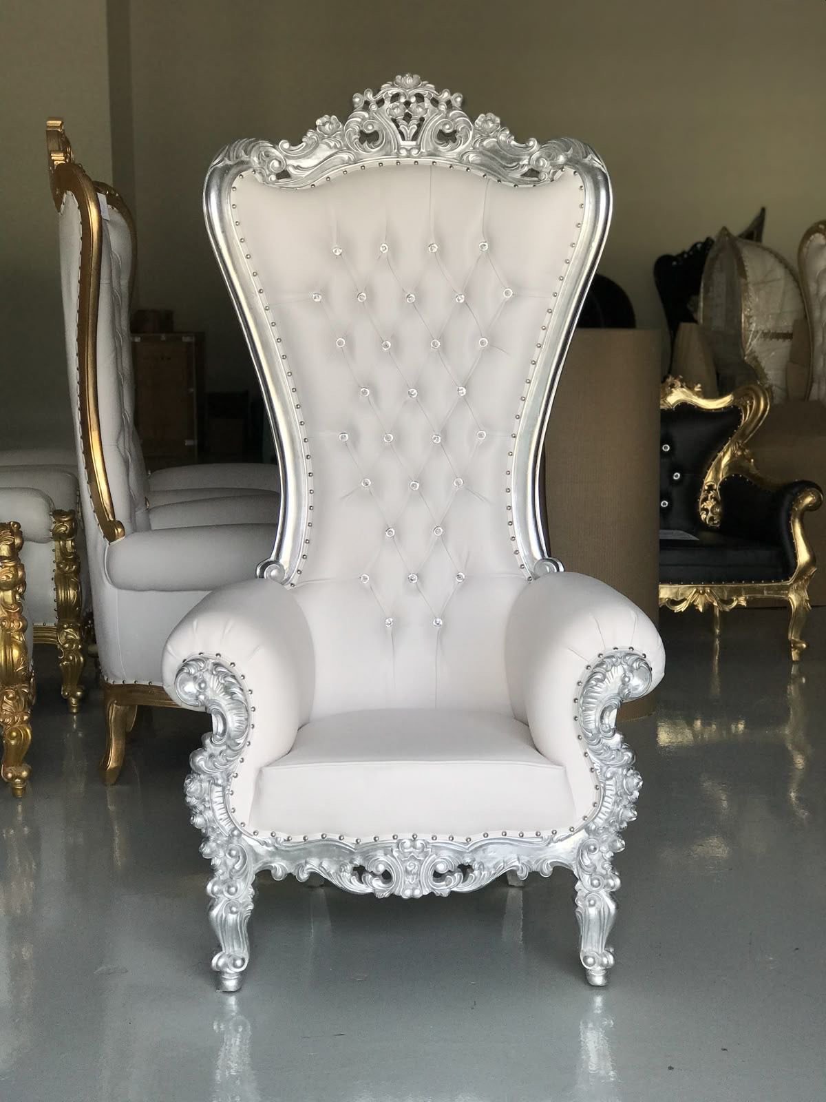 white silver throne chair. product image (1)