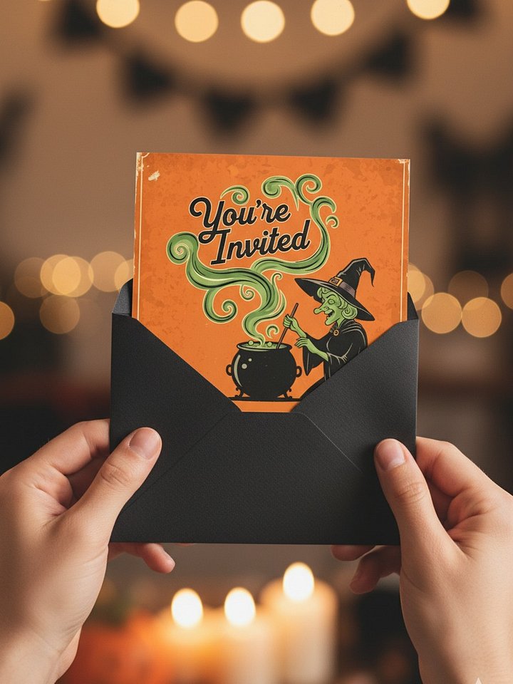 Halloween Party Invitation Card | Retro Witch and Cauldron Design | Vintage Spooky Printable Invite Card product image (2)