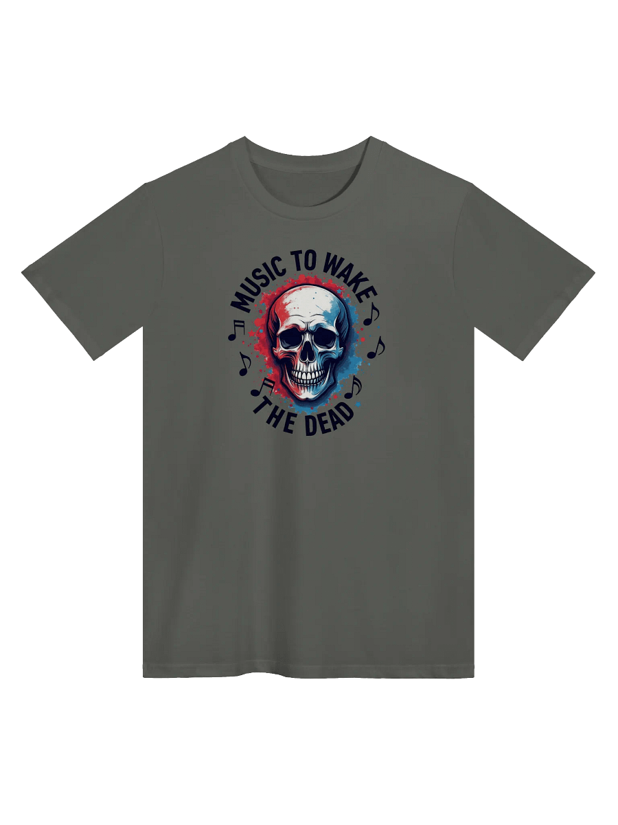 Music to Wake the Dead – Skull Art with Red and Blue Splashes, Supreme Comfort Unisex T-Shirt product image (2)