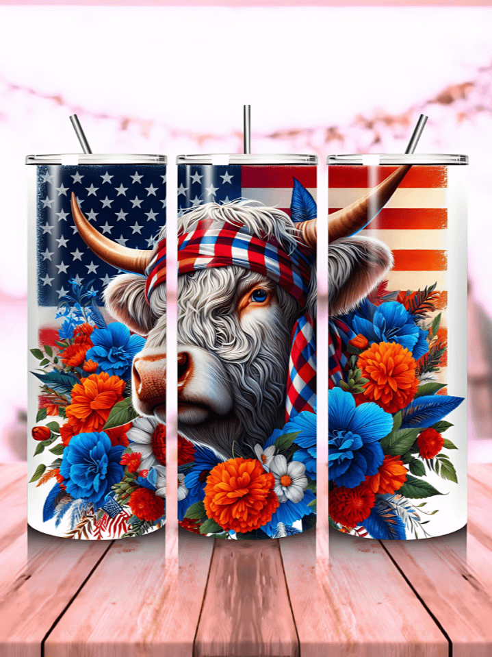 4th of July Highland Cow Tumbler Wrap – 20oz Skinny Sublimation PNG Design – Patriotic Cow Theme – Instant Digital Download – High-Resolution 300 DPI product image (1)