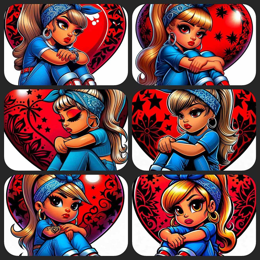 12 Cute Chicana Girl Clipart with Bandana, Red Heart Background, Digital Download, Chola Style Art, Cartoon Character Illustration product image (1)