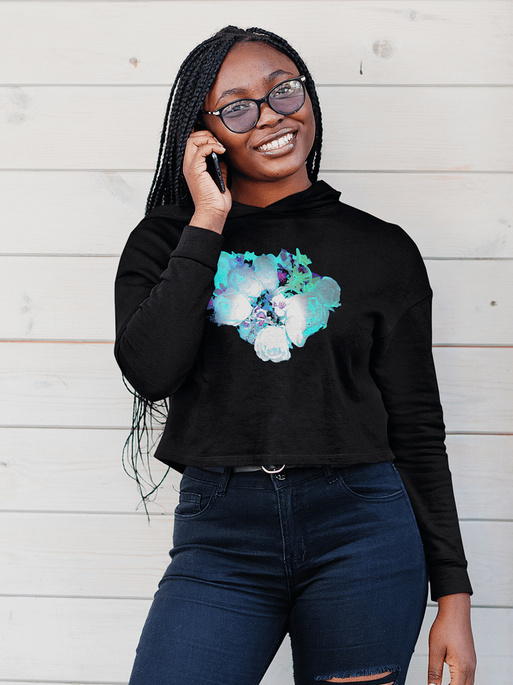Abstract Blue Green Rose Bouquet Ladies Fleece Cropped Hoodie product image (1)