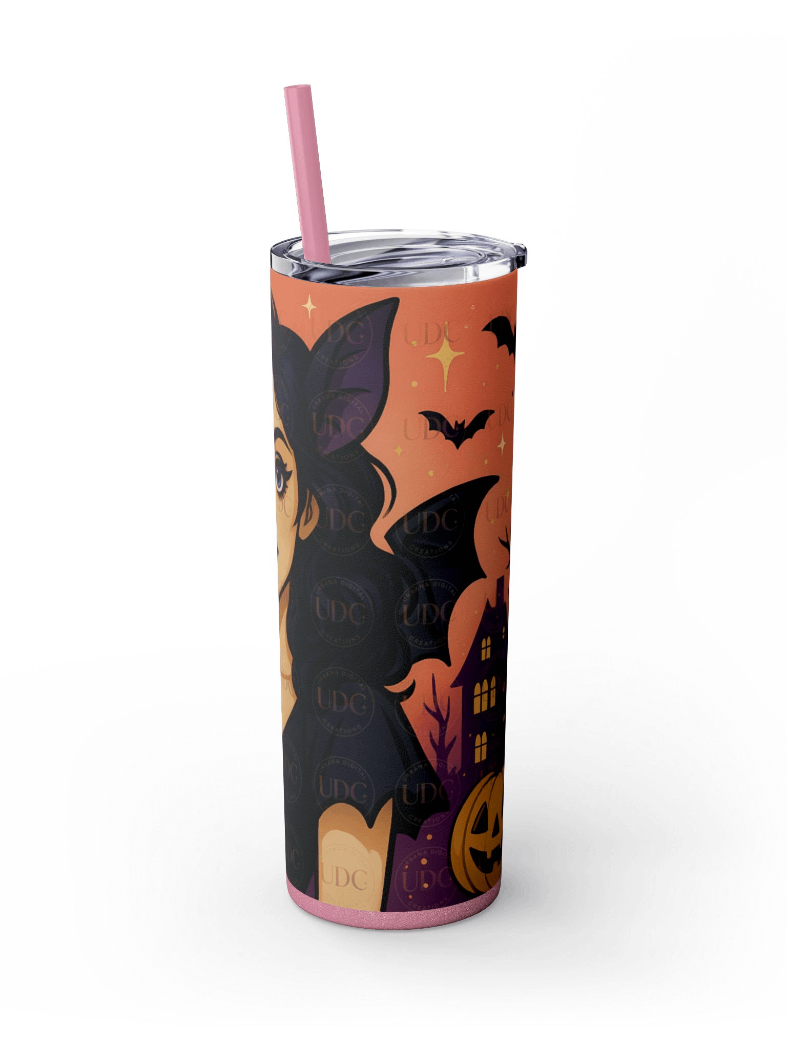 Bat-Eared Gothic Witch Halloween Tumbler Wrap PNG – Black Dress, Pumpkin, Haunted House & Sunset Bats for 20oz Skinny Tumblers product image (6)
