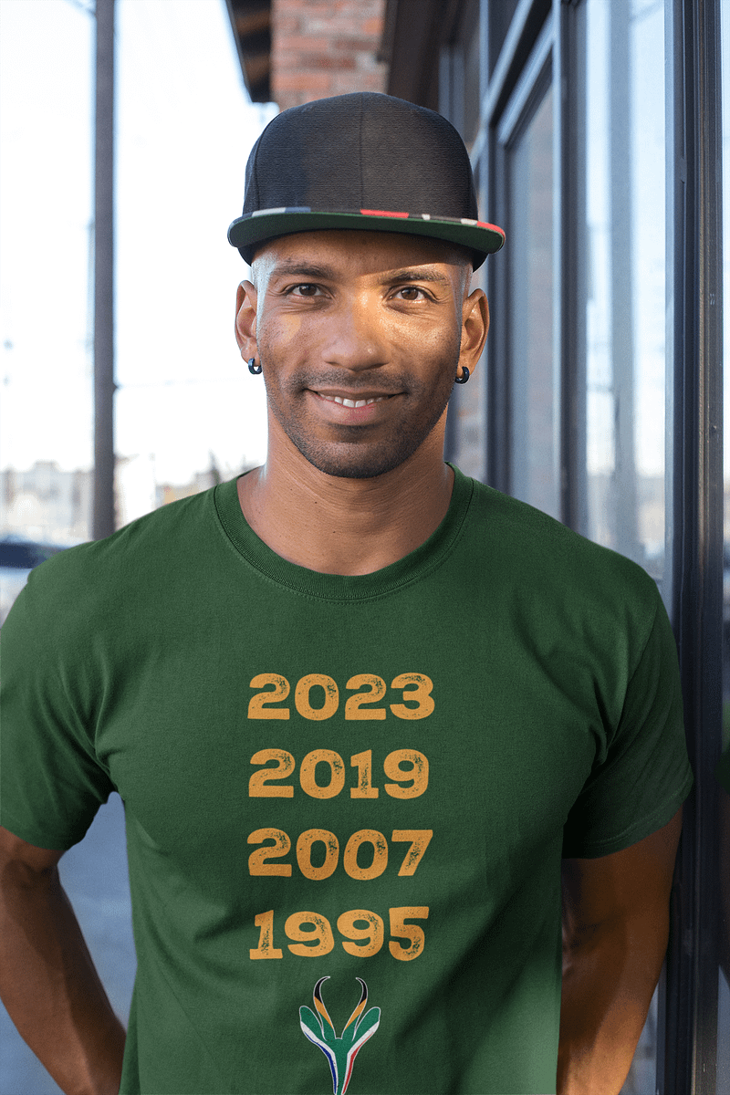 South Africa Four Time World Rugby Champs Vintage T-Shirt | Springbok Head & Flag 2023 2019 2007 1995 | Nou Gaan Ons Braai | Lekker