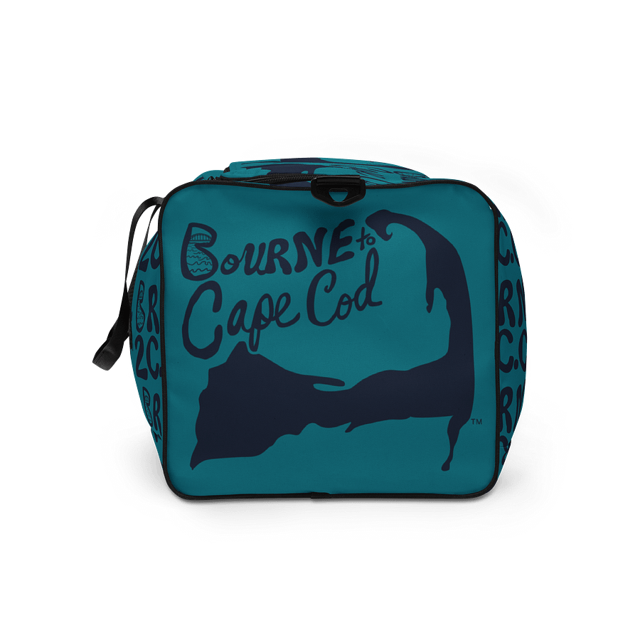 BOURNE to Cape Cod™ | Duffle Bag | BRN.2C.C.™ | Coastal Gym & Travel Gear | 22" All-Over Print Weekender | Navy Blue Logos on Calm Medium Blue product image (9)