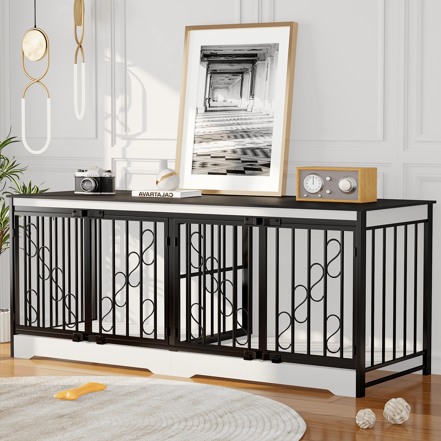 71 Inch Double Dog Crate Furniture, Extra Large Dog Kennel Indoor for 2 Dogs, Heavy Duty Wooden Dog House with Divider, Pet House Decorative as Table & TV Stand for XL arge Dogs ( White) product image (8)